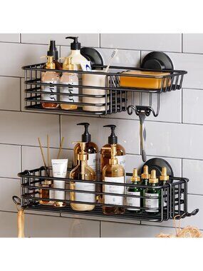 2-Pack Suction Cup Shower Caddy with Hooks & Soap Holder - Black Bathroom